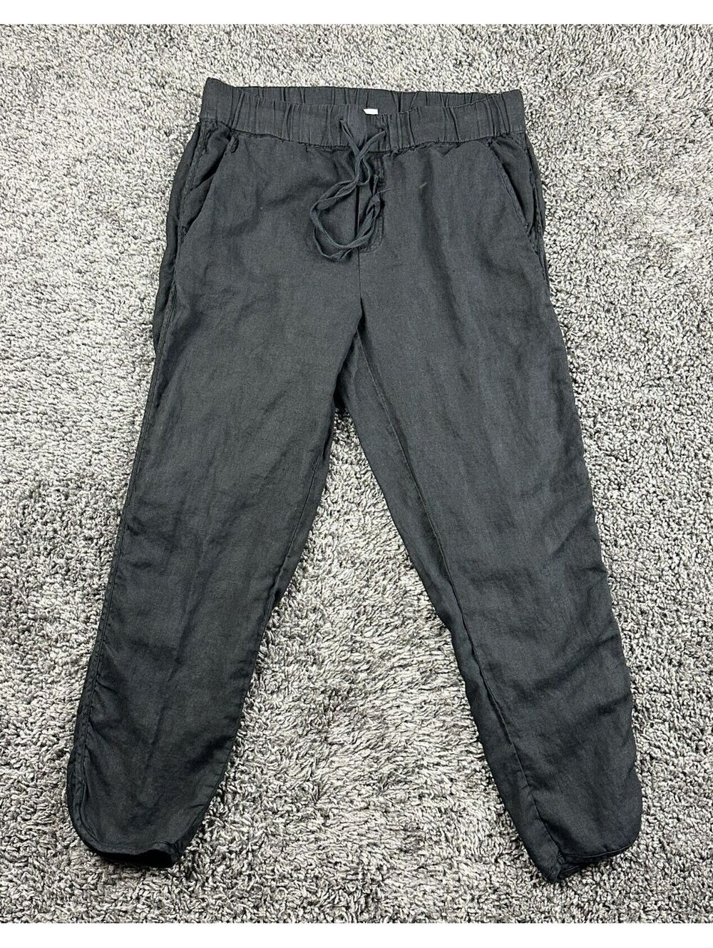 Caslon Womens S 100% Linen Jogger Pants Black Ruched Ankle Drawstring Crop